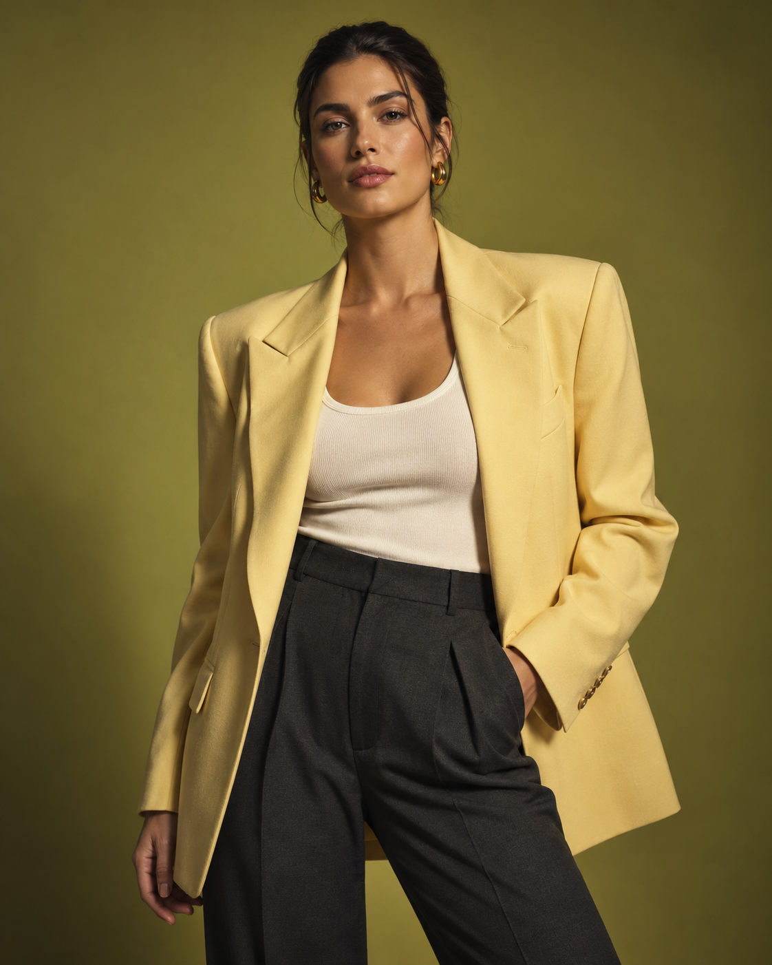 Fashion campaign featuring a tailored yellow blazer